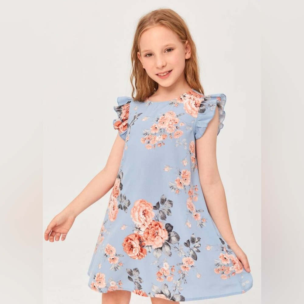 Blue Flutter Sleeve Bateau Neck Casual Sundress